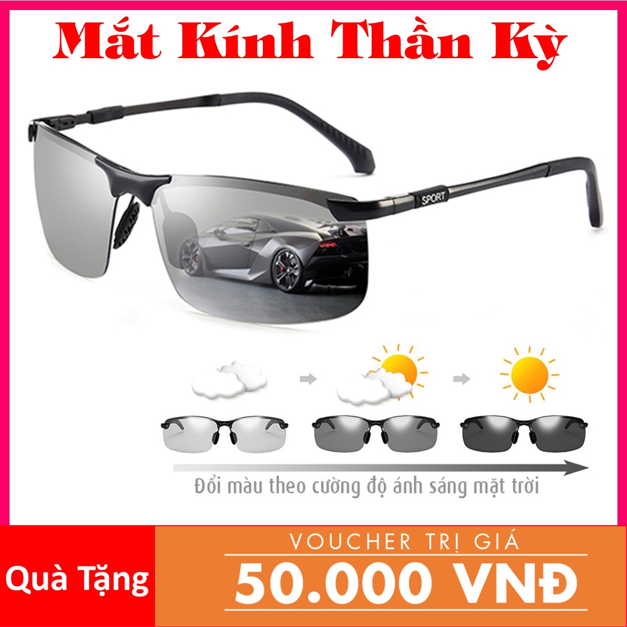 Mắt kính thần kỳ , Mắt kính thông minh , Mắt kính tự chuyển màu theo ngày đêm, tính năng phân cực polarized chống lóa, tự sẫm màu, bảo vệ khi phát hiện có tia UV gây hại - Tặng Voucher 50k.  Mat kinh than ki T Pro