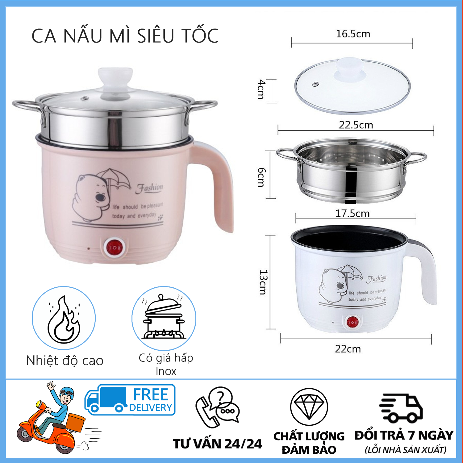 Ca mì siêu tốc - nồi lẩu mini - ca mì 18cm có giá hấp inox cooking pot,ca mì mini - ca mì có giá hấp inox, giá hấp nhựa - ca nấu mỳ - ca nâu mì có lồng hấp 2 in 1 siêu tốc tiện lợi-nồi nấu mì mini kèm lồng hấp 18cm