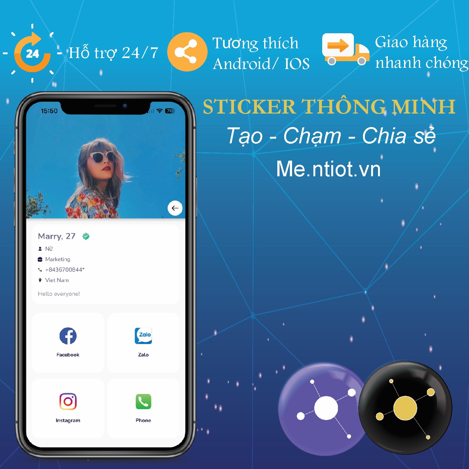 Miếng dán công nghệ lưu trữ thông tin cá nhân, ngân hàng, thú cưng, mạng xã hội TikTok, Facebook, Zalo...