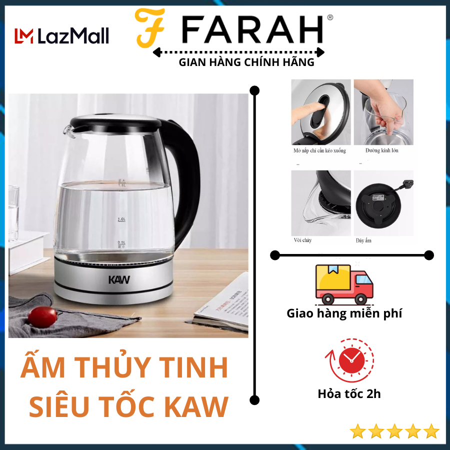Ấm đun siêu tốc, bình đun nước siêu tốc, bình siêu tốc ấm siêu tốc sunhouse Ấm Siêu Tốc, Bình Đun Nước Siêu Tốc KAW Dung Tích 2L Công Suất 1500W, Bình Siêu Tốc Thủy Tinh KAW Chính Hãng, Âm Sieu Toc KAW,