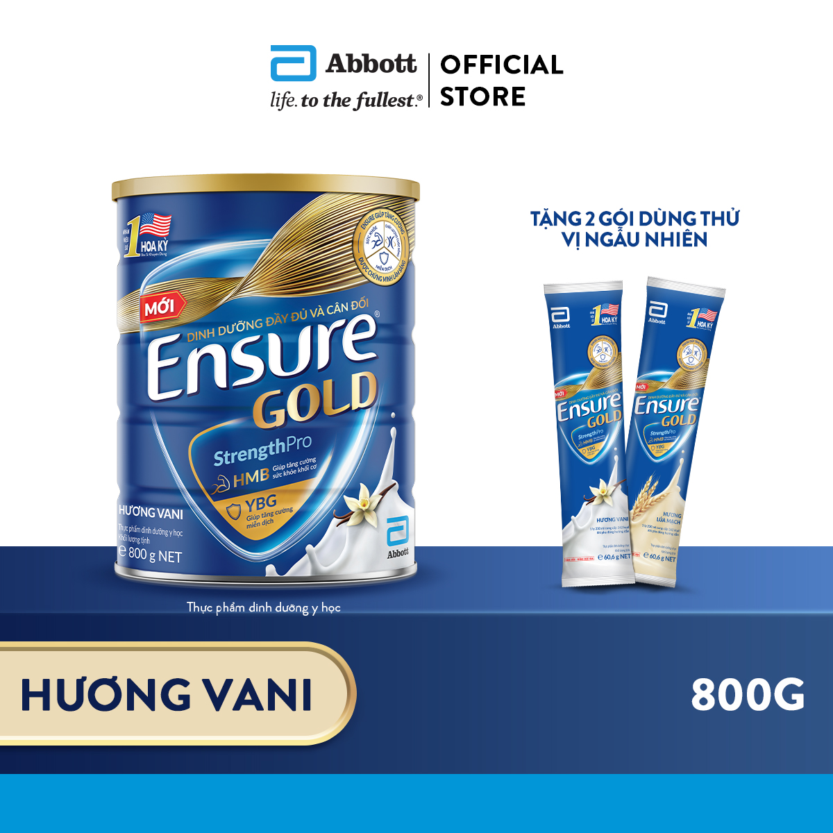 [Tặng 2 gói dùng thử vị ngẫu nhiên] Sữa bột Ensure Gold hương Vani 800g (Bao bì thay đổi theo từng đợt nhập hàng)