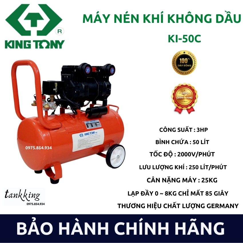 [BẢO HÀNH CHÍNH HÃNG 12 THÁNG] Máy nén khí không dầu kingtony - KI 50 Tự động nạp khí - Không gây ồn - Bơm xịt hơi / phun sơn / bắn đinh, công suất 3HP, nén 8kg, bình 50L,