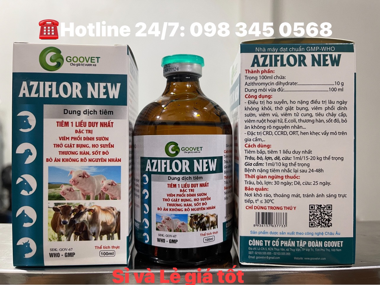 AZIFLOR NEW (Chai 100ml) Goovet Viêm Phổi Dính Sườn - Ho suyễn heo - Bỏ Ăn Không Rõ Nguyên Nhân - Kế Phát Virút Vi Khuẩn, Thở Giật Bụng, Thương Hàn, Sốt Đỏ Azithromycin 10% An Toàn Tác Dụng Kéo Dài