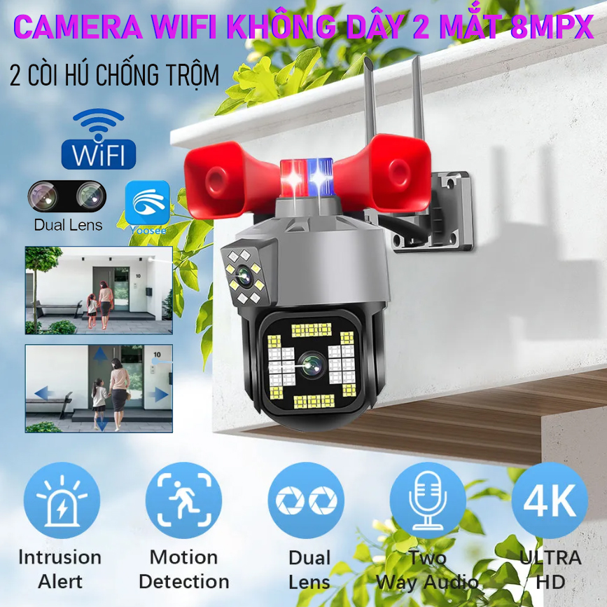 Camera Wifi Không Dây Yoosee 2 Mắt 8.0MPX Xoay 360 Có Còi Hú Lớn Chống Trộm Âm Thanh To Xem 2 Màn Hình Cùng Lúc Xem Đêm Có Màu Đàm Thoại 2 Chiều Cảm Biến Hồng Ngoại Phát Hiện Chuyển Động Quay Video Hình Ảnh Sắc Nét