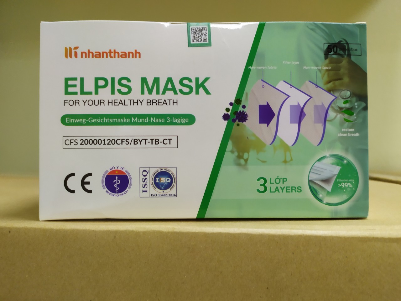 Khẩu trang y tế 3 lớp elpis mask xanh - giấy kk 99%