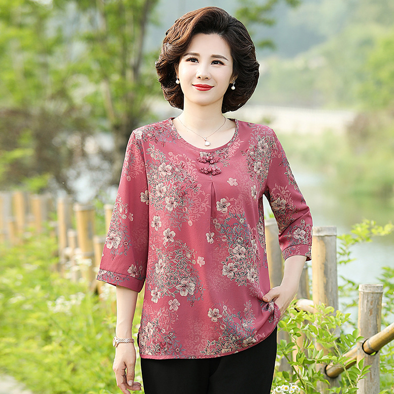 Thời trang trung niên nữ, Áo kiểu trung niên nữ tay lỡ in hoa_ áo sơ mi trung niên cho bà cho mẹ