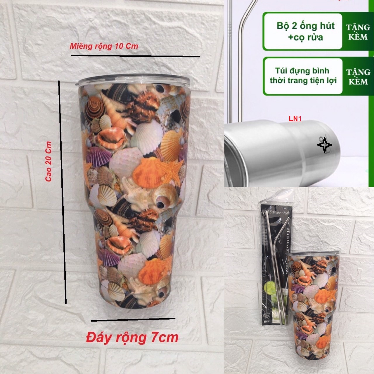 Ly giữ nhiệt 900ml inox hoa văn 3D cao cấp, tặng kèm 2 ống hút, 1 túi đựng ly, 1 cọ vệ sinh ly