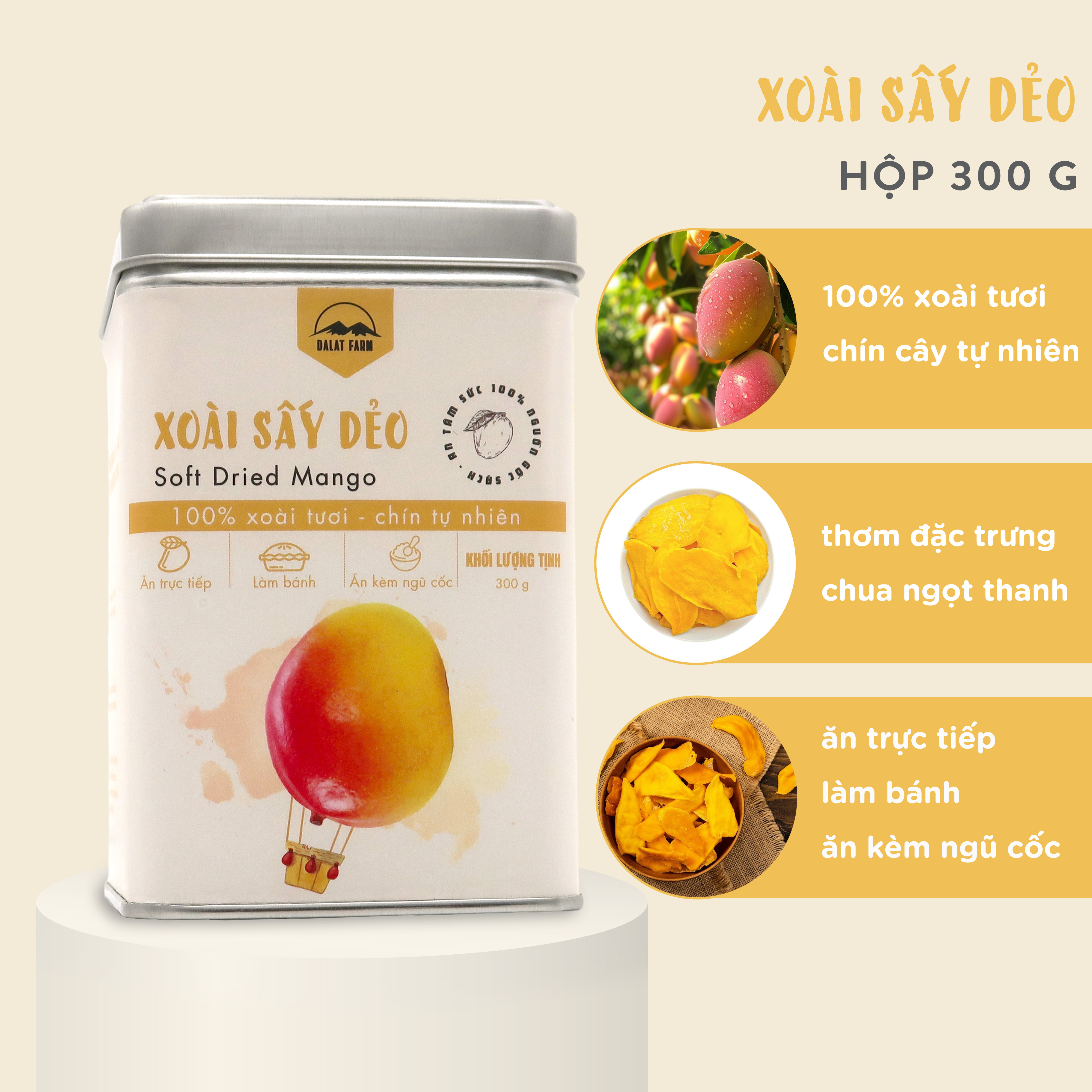 Xoài sấy dẻo dalatfarm - hộp thiếc 300g