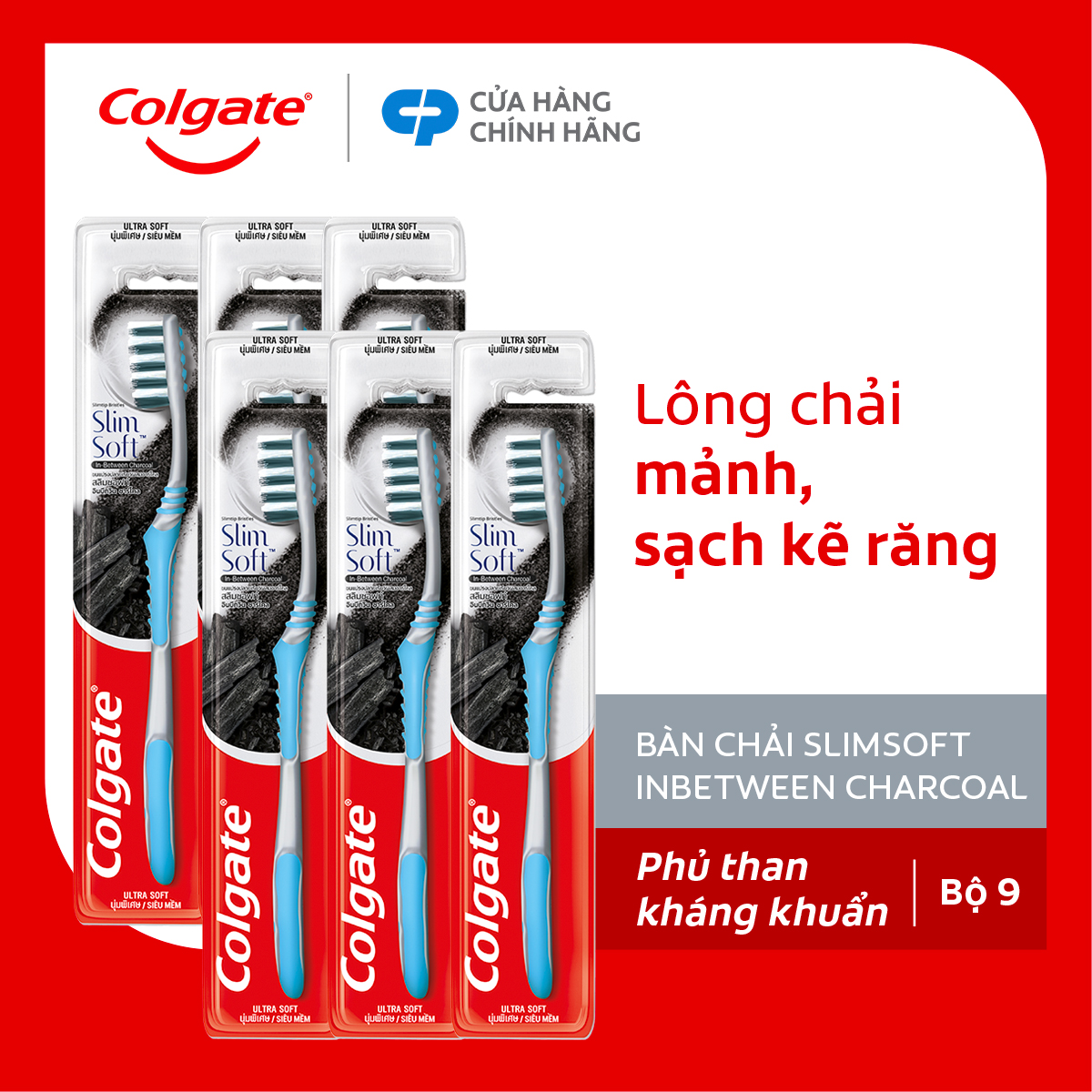 Bộ 6 Bàn chải Colgate Slimsoft Between Charcoal lông chải mềm mảnh xen sợi phủ than hoạt tính