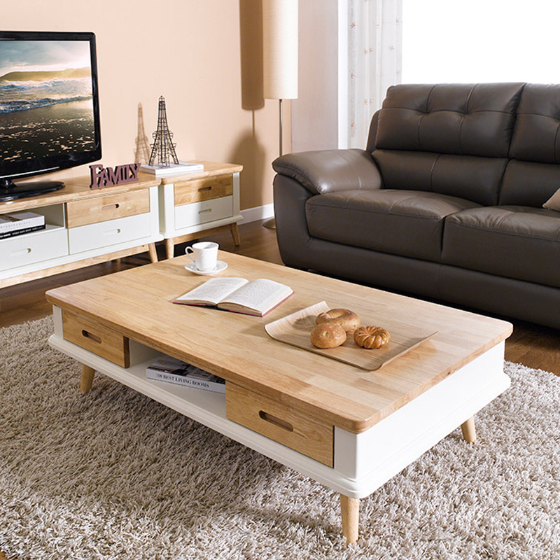 Bàn trà sofa mặt gỗ 2 ngăn kéo IBIE Vivid gỗ cao su màu trắng phối tự nhiên