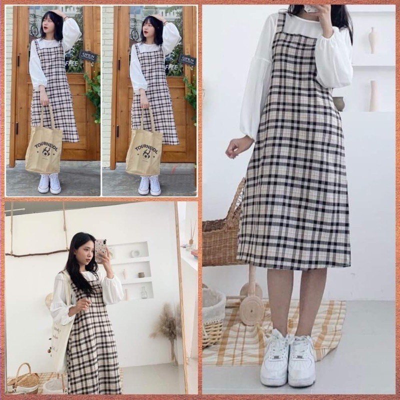 Set Váy yếm babydoll kẻ kèm áo tay bồng Ulzzang
