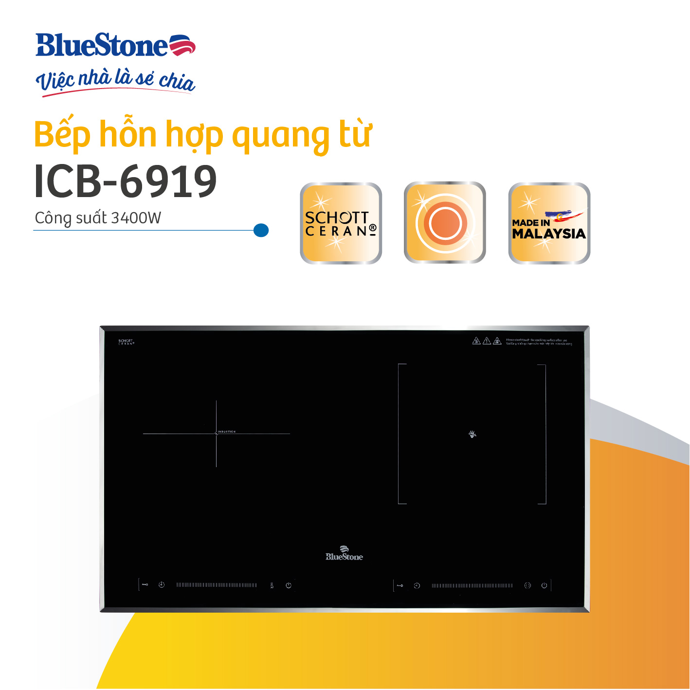 Bếp hỗn hợp quang từ bluestone icb-6919 - 3400w- made in malaysia - chất liệu mặt bếp kính schott ceran cao cấp của đức - bảo hành 2 năm