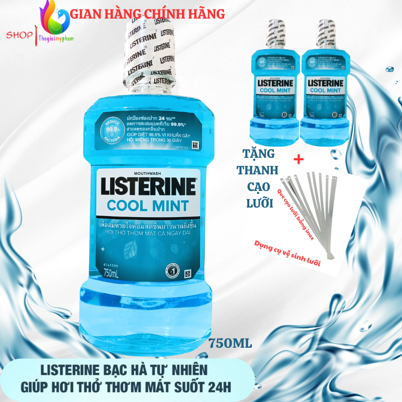 [Tặng Cạo Lưỡi]Combo 2 Chai Nước Súc Miệng Listerine Cool Mint 750ml/250ml