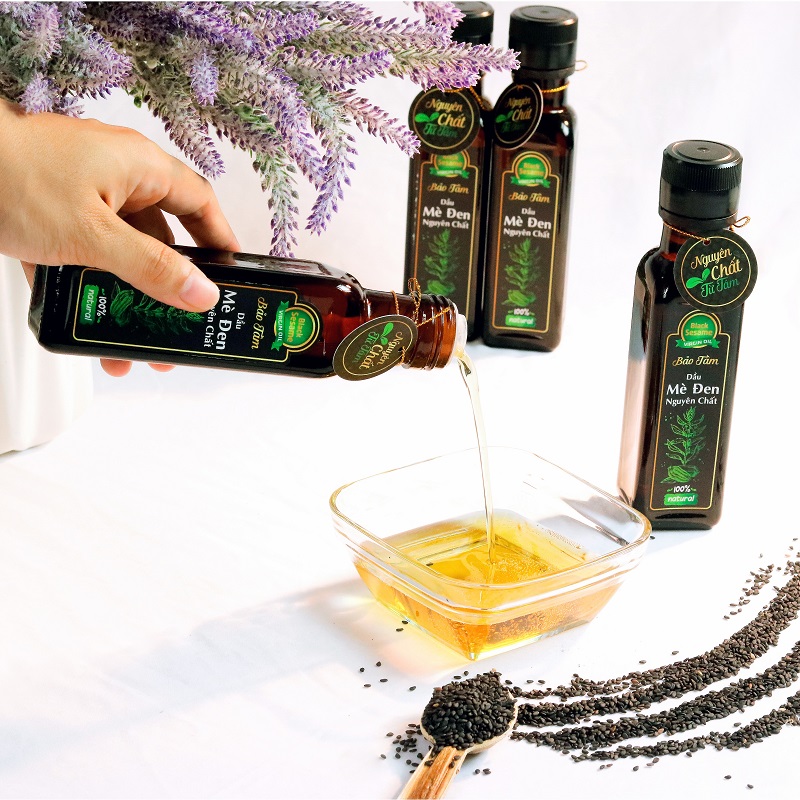 Dầu Mè đen Nguyên chất Bảo Tâm - Sản phẩm Thuần Chủng, Tự Nhiên - Gia Vị Tuyệt Vời Nấu Cháo, Nấu Canh, Trộn Salad - Hàng Chính Hãng - 120 ml