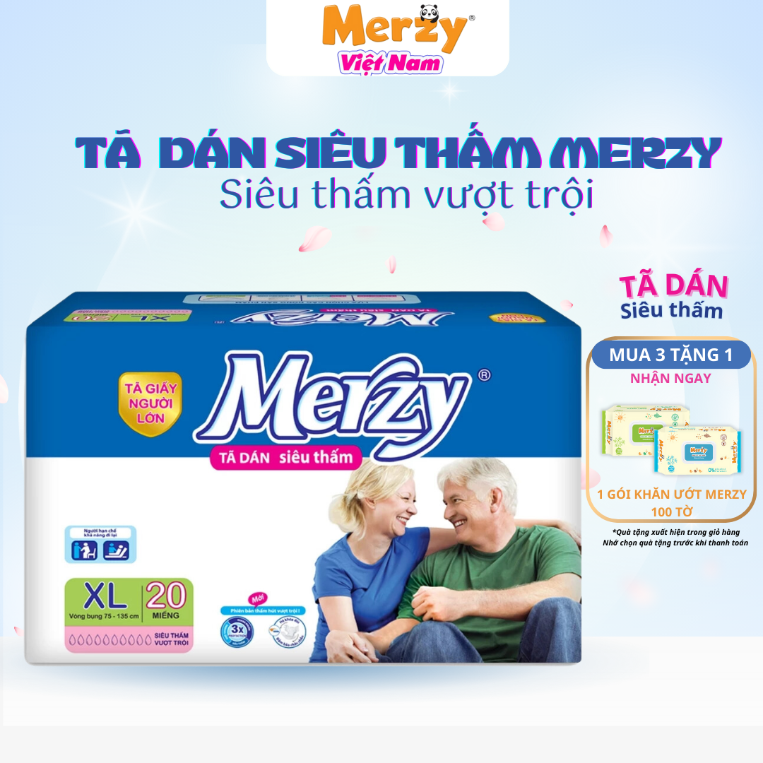 Tã Dán Người Già Merzy Siêu Thấm Hút Khô Thoáng - Size XL20 Miếng (MUA 3 TẶNG 1 KHĂN ƯỚT 100T)