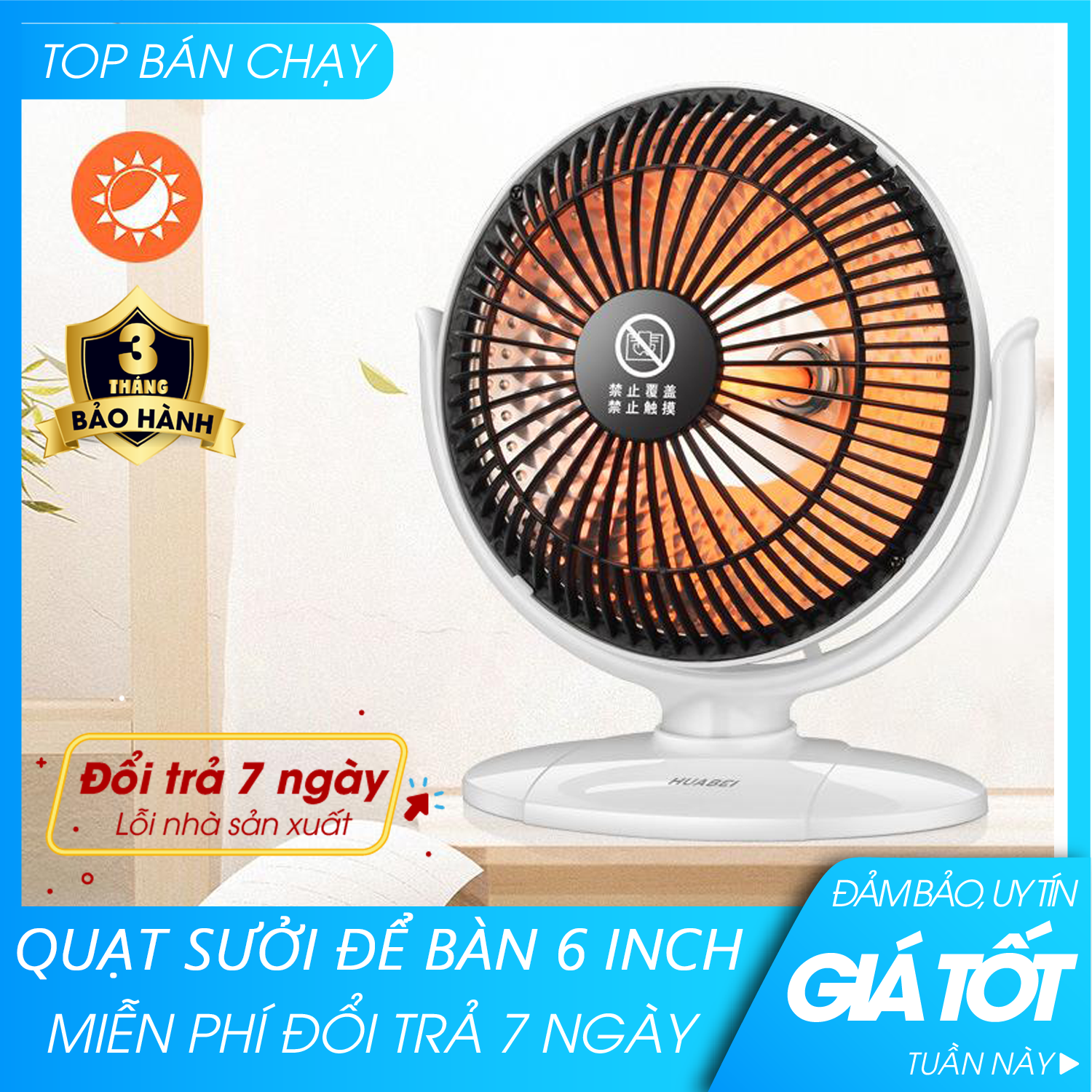 Quạt sưởi ấm - Quạt sưởi mini để bàn - Quạt sưởi để bàn- Quạt sưởi văn phòng giá rẻ, Quạt sưởi mini 6 inch, sưởi ấm văn phòng, phòng ngủ - QSHBH6A-Z