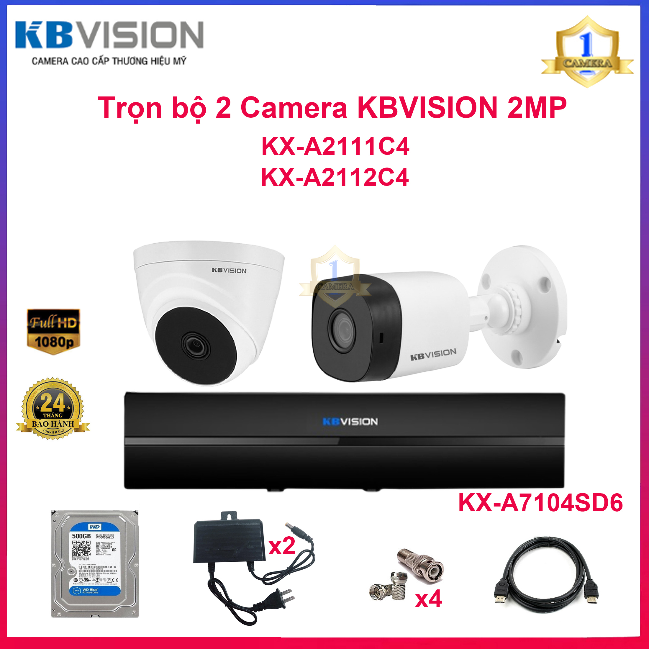 Trọn bộ 2 mắt camera kbvision kx-a2111c4 và kx-a2112c4 2.0mp full hd 1080p + đầu ghi kx-a7104sd6 kèm ổ cứng 500gb lưu trữ - camera số 1