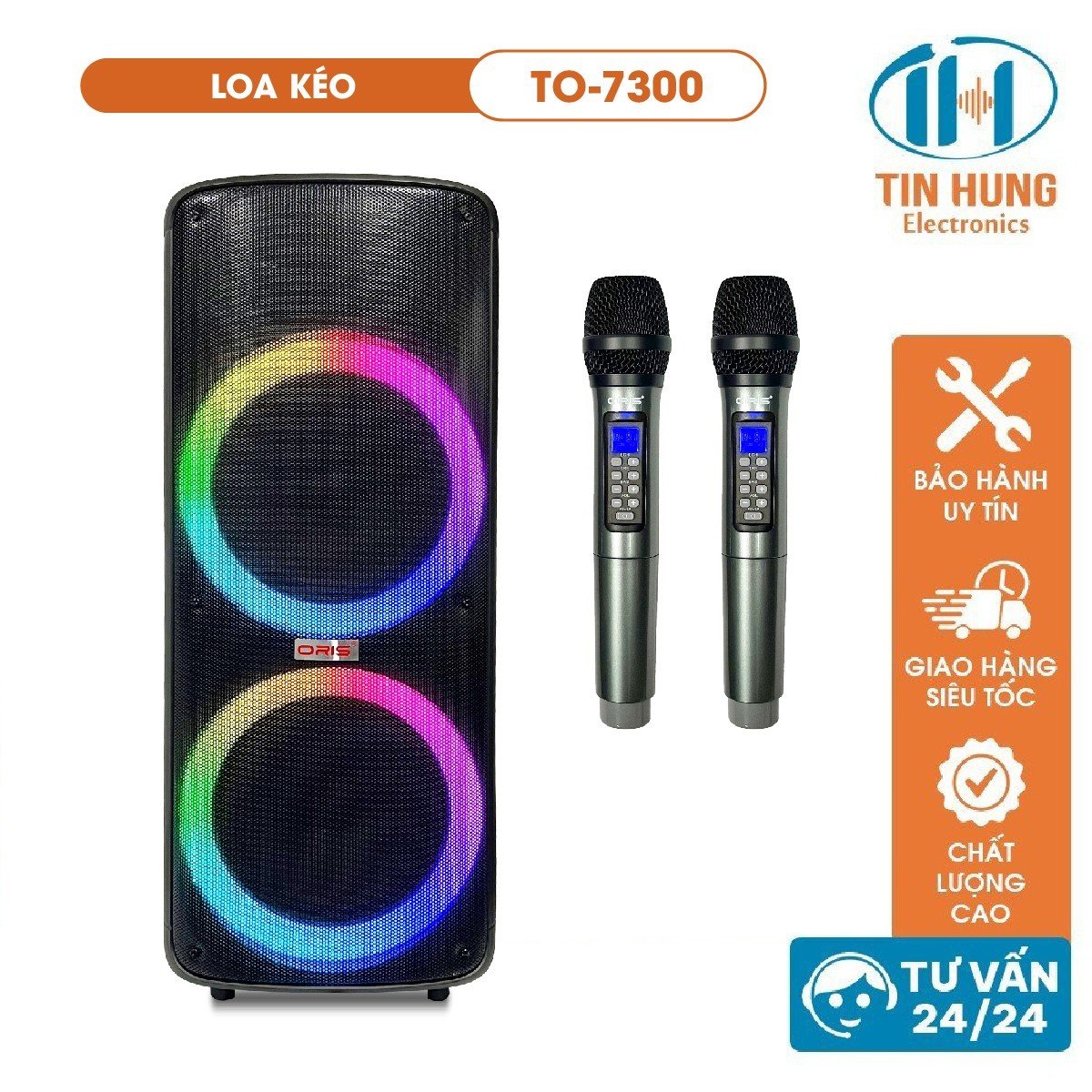 Loa di dộng karaoke bluetooth ORIS TO-7300 bass 25cm x 2, loa kẹo kéo tặng kèm 02 mic sóng UHF - ORIS Professional