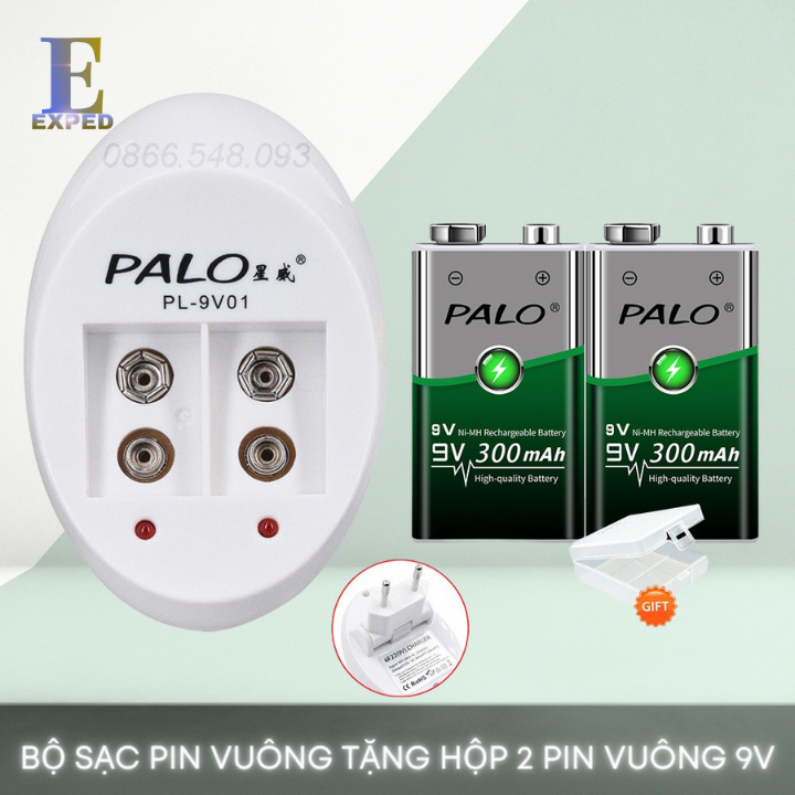 Bộ 2 pin vuông 9v sạc lại Palo 300mAh + Tặng sạc cho pin vuông sạc 9v