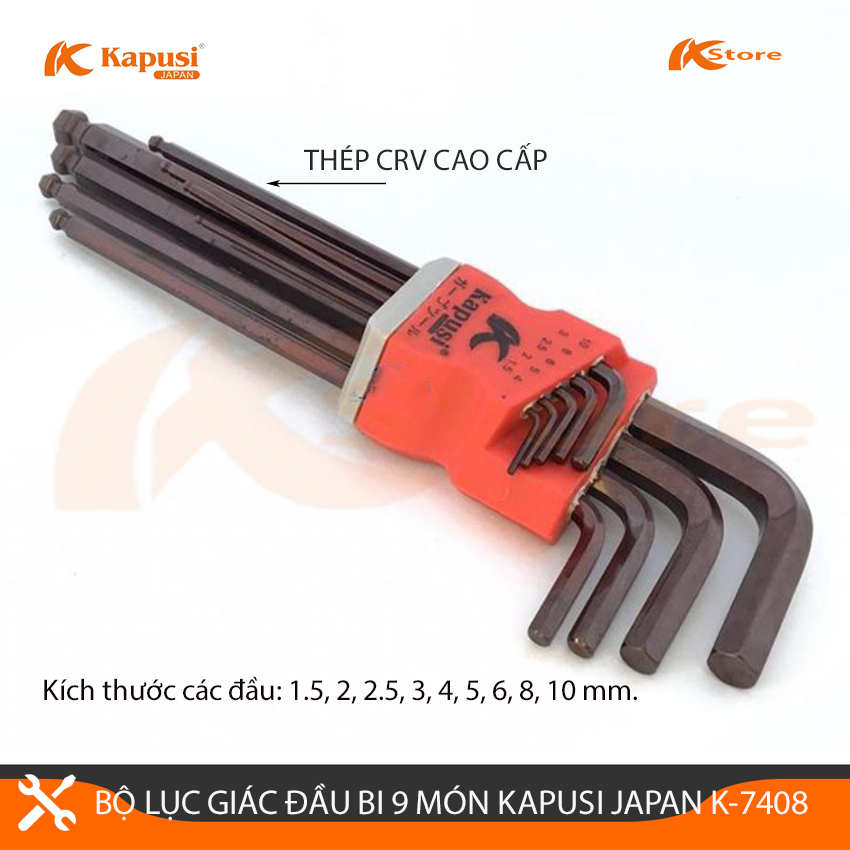 BỘ LỤC GIÁC ĐẦU BI 9 MÓN KAPUSI JAPAN K-7408, BỘ LỤC GIÁC CHỮ L