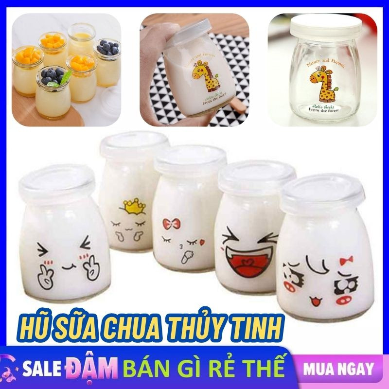 SET 12 Hũ Sữa Chua Thủy Tinh Dày loại 100ml - Hũ thủy tinh làm sữa chua có nắp cho bé hình ngộ nghĩnh dễ thương chịu nhiệt tốt loại dày - Cốc thủy tinh sữa chua hoặc đựng gia vị in hình cute