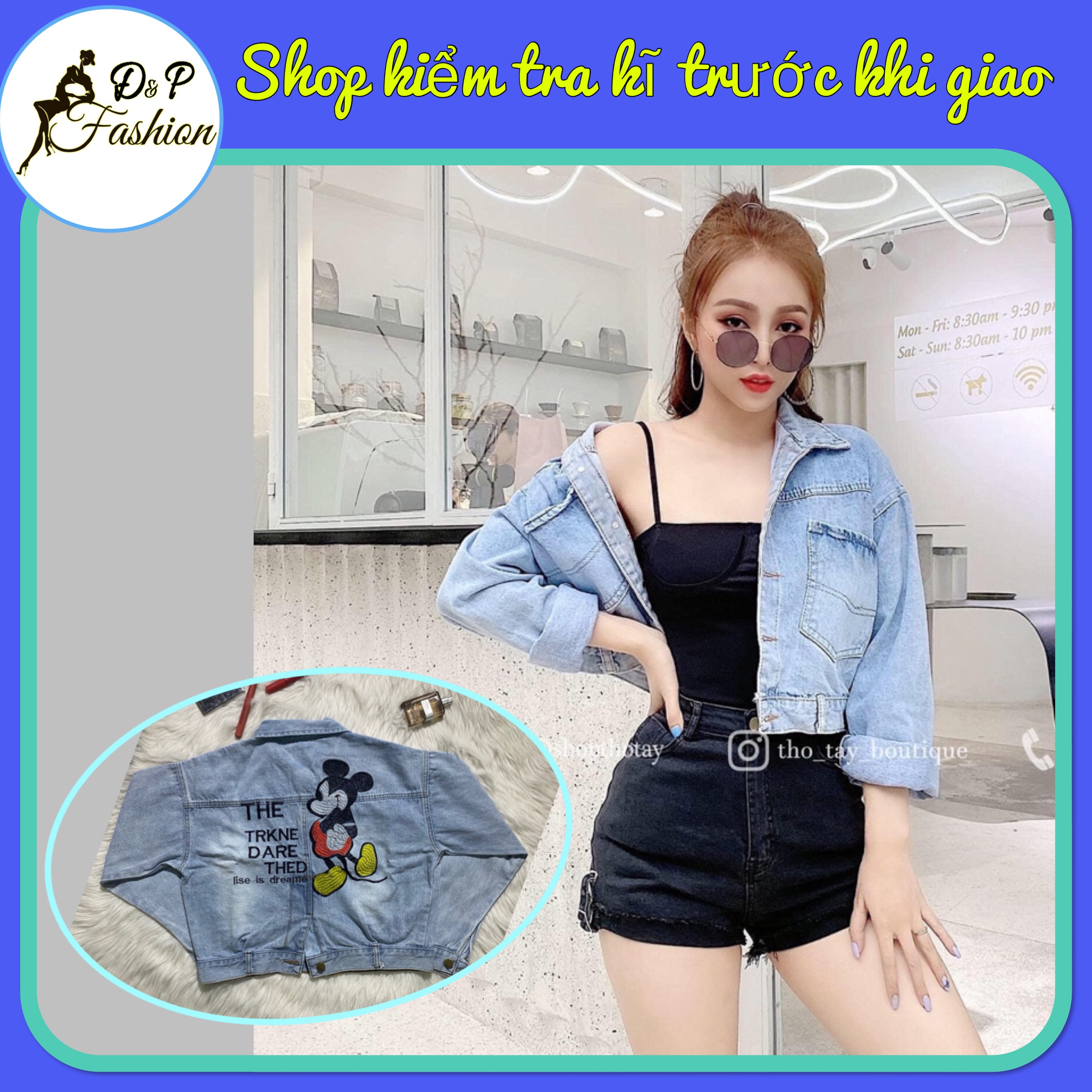 Áo khoác jean nữ dài tay thêu hình chuột siêu hot thời trang
