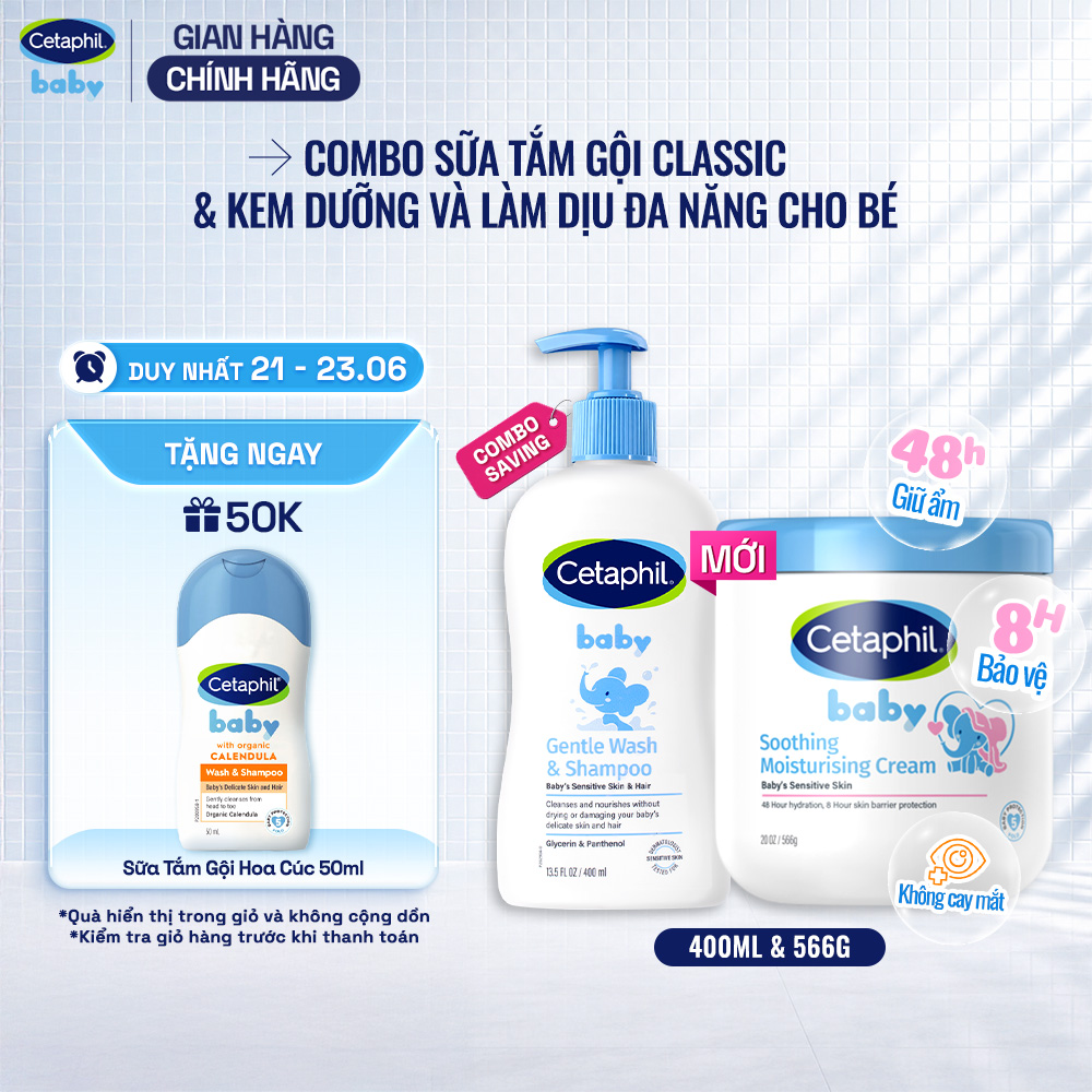 Combo Sữa tắm gội dịu lành cho bé CETAPHIL BABY GENTLE WASH  SHAMPOO 400ML  Kem làm dịu và dưỡng ẩm cho bé Cetaphil Baby Soothing  Moisturising Cream hũ 566g