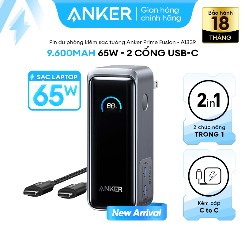 Pin Sạc Dự Phòng Kiêm Sạc Tường ANKER Prime Fusion 9600mAh 65W - 2 cổng USB-C - kèm cáp (CtoC 3,3 ft, 100W) - A1339