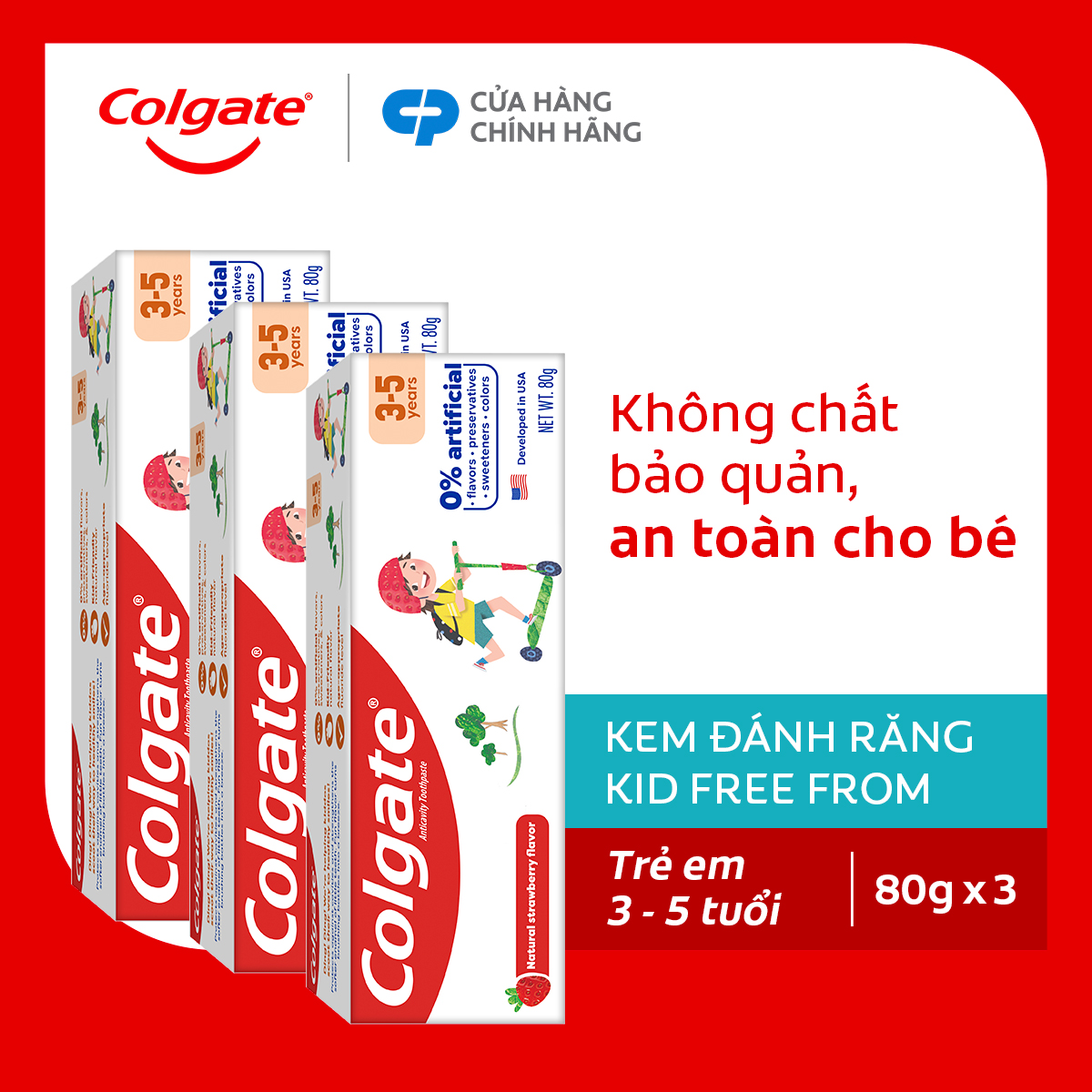 Bộ 3 Kem đánh răng Colgate Kid Free From cho trẻ em 3-5 tuổi không hương liệu và chất bảo quản 80g/t