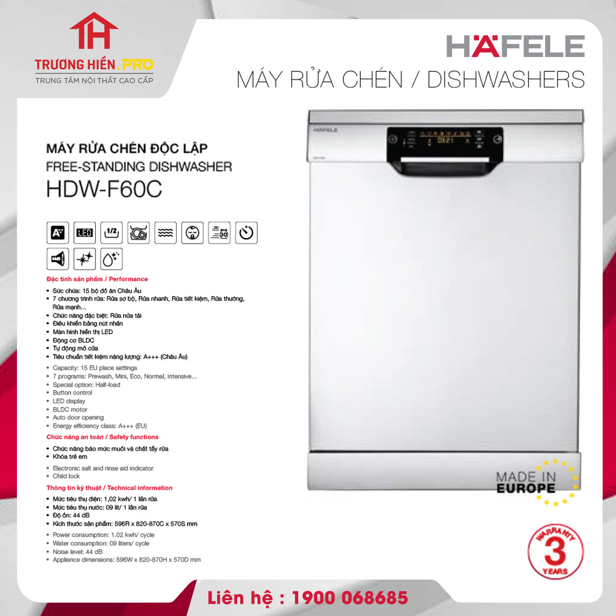 MÁY RỬA CHÉN ĐỘC LẬP HAFELE HDW-F60C- Hàng Chính Hãng - Giao màu ngẫu nhiên