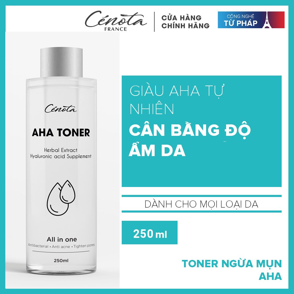 Nước hoa hồng dành cho da mụn không chứa cồn, corticoid - Giúp cân bằng độ ẩm và se khít lỗ chân lông Cénota Aha Toner 250ml