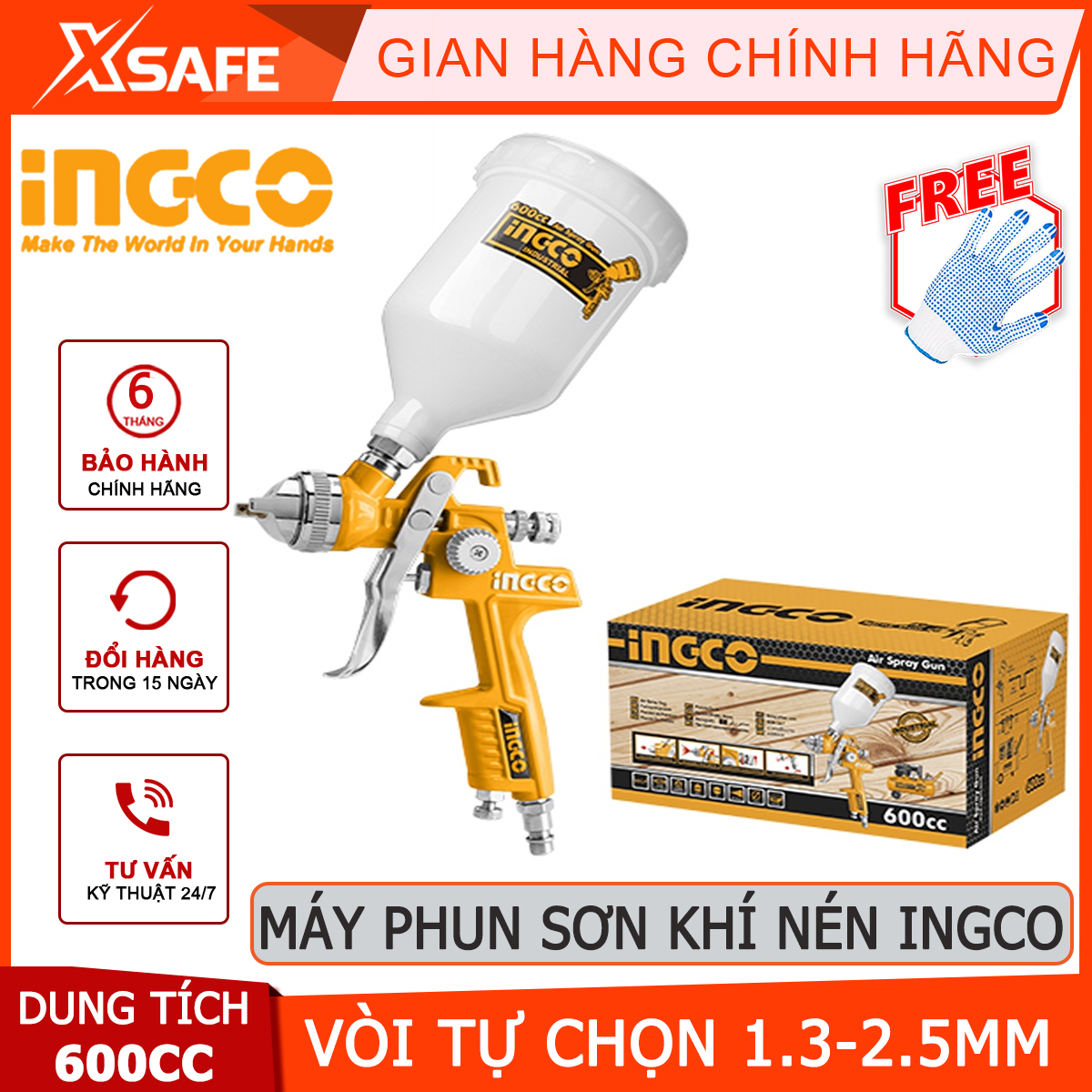 Máy phun sơn khí nén INGCO ASG1061 | súng phun sơn Vòi phun tiêu chuẩn 1,4mm, dung tích bình sơn 600cc phun sơn gỗ, sơn ô tô, nội thất, xe máy