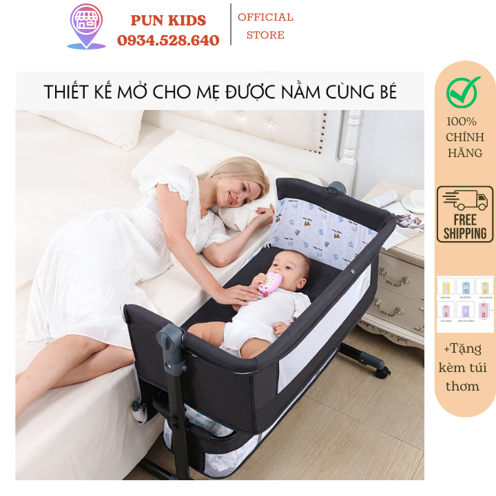 Nôi điện cho bé nôi ghép giường gấp gọn chống trào ngược cũi cho bé điều chỉnh cao thấp Tặng kèm 6 món màn túi để đồ gối chiếu bàn tã bao giường