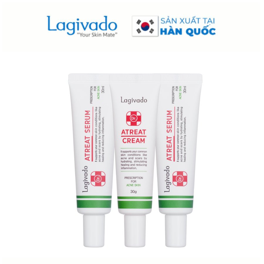 Bộ ba kem dưỡng ngăn ngừa mụn, giảm mụn viêm Lagivado Atreat Cream 30g và serum dưỡng da ngừa thâm, không để lại sẹo 60 ml