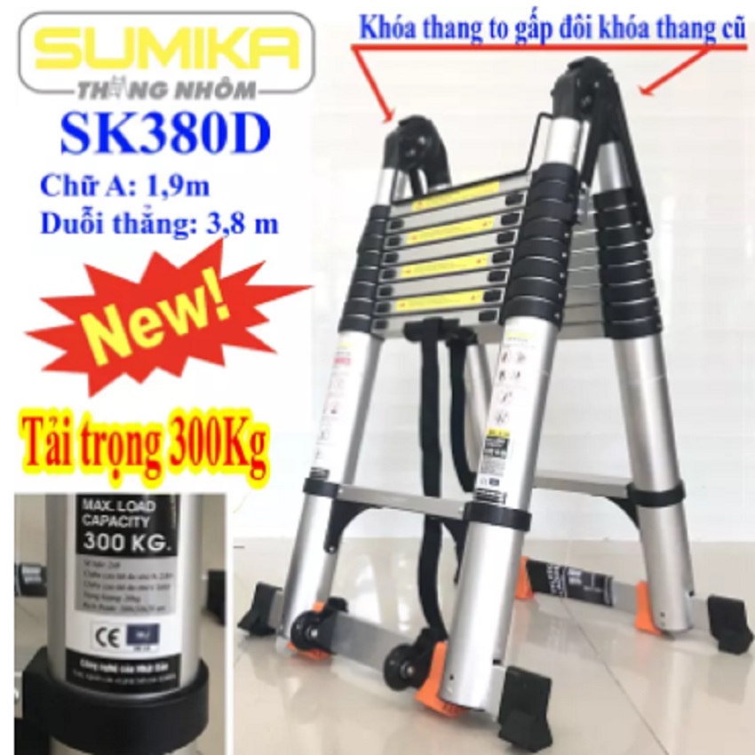 Thang Chữ A Sumika, Thang Nhôm Rút Chữ A SK380D New Chữ A 1m9 – duỗi thẳng 3m8, 2x6 bậc, tải trọng 300kg, chống rung lắc,bảo hành 2 năm.