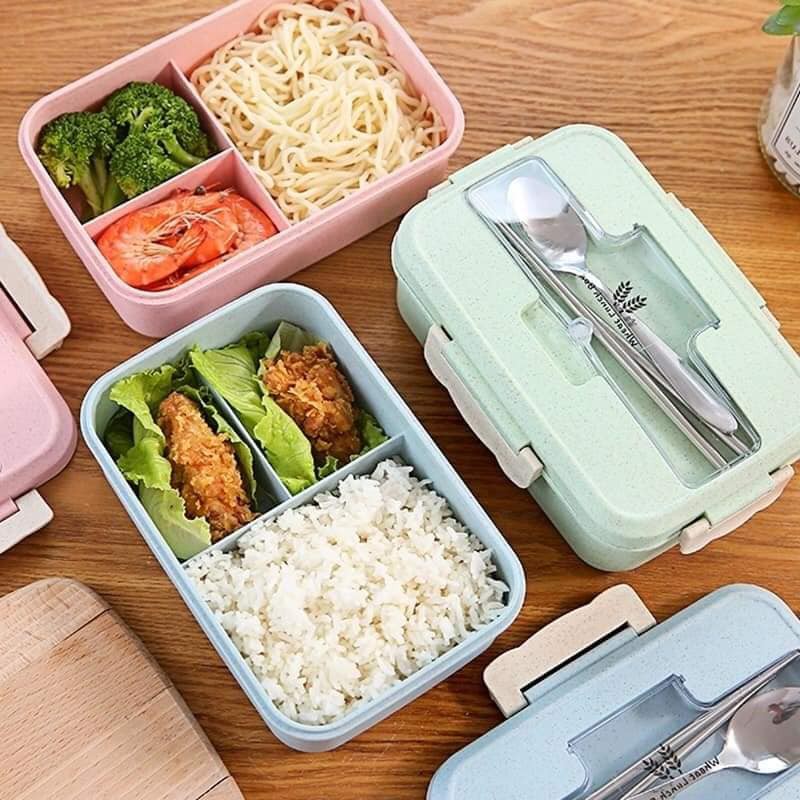 Hộp cơm lúa mạch 3 ngăn kèm đũa thìa