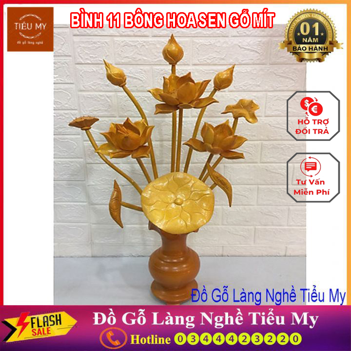 Bình bông hoa sen gỗ Mít - Bình gồm 11 bông hoa sen, chất liệu bình gỗ mít bền đẹp, Sơn PU 3 lớp sáng bóng màu vàng