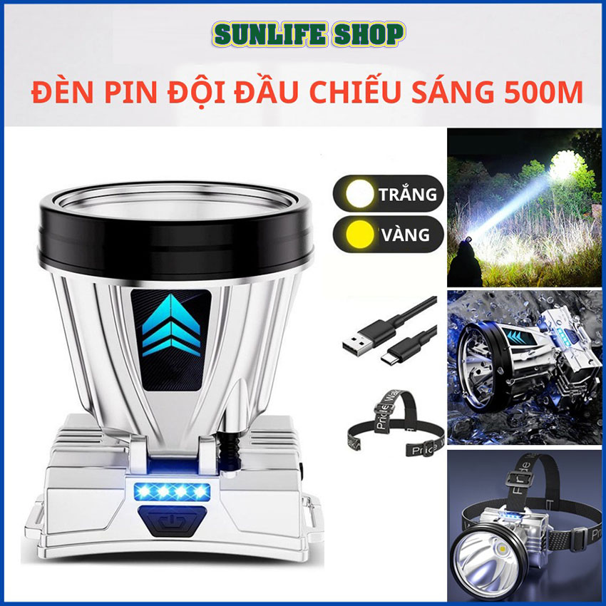 Đèn Pin Đội Đầu Siêu Sáng Công Suất Cao Ánh Sáng Trắng / Vàng Chống Thấm Nước Có Thể Sạc Lại Dùng Khi Đi Cắm Trại