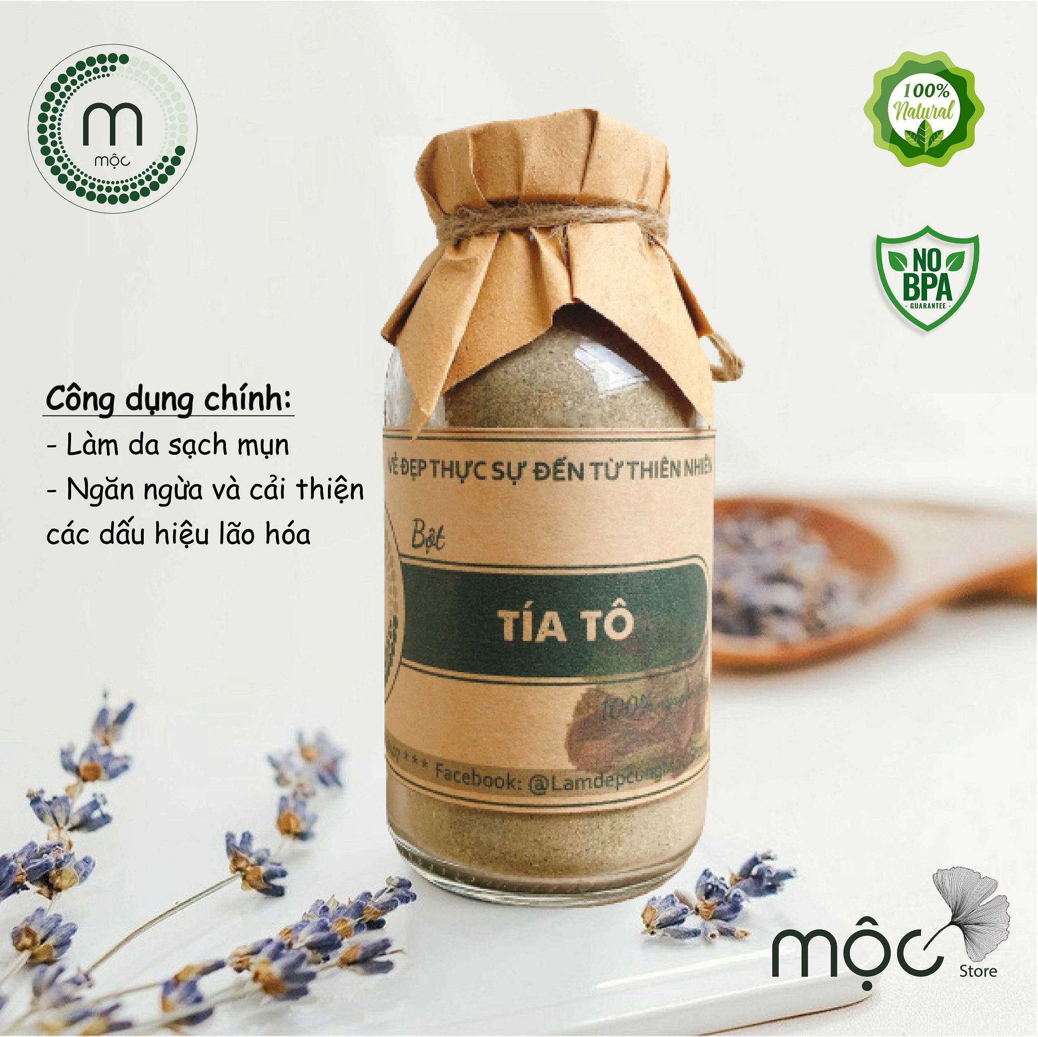 Bột tía tô nguyên chất MỘC - đắp mặt nạ giảm vết nám sạm tàn nhang, ngăn ngừa mụn, làm mờ nếp nhăn gói dùng thử 10g, chai 100ml và chai 200ml chính hãng