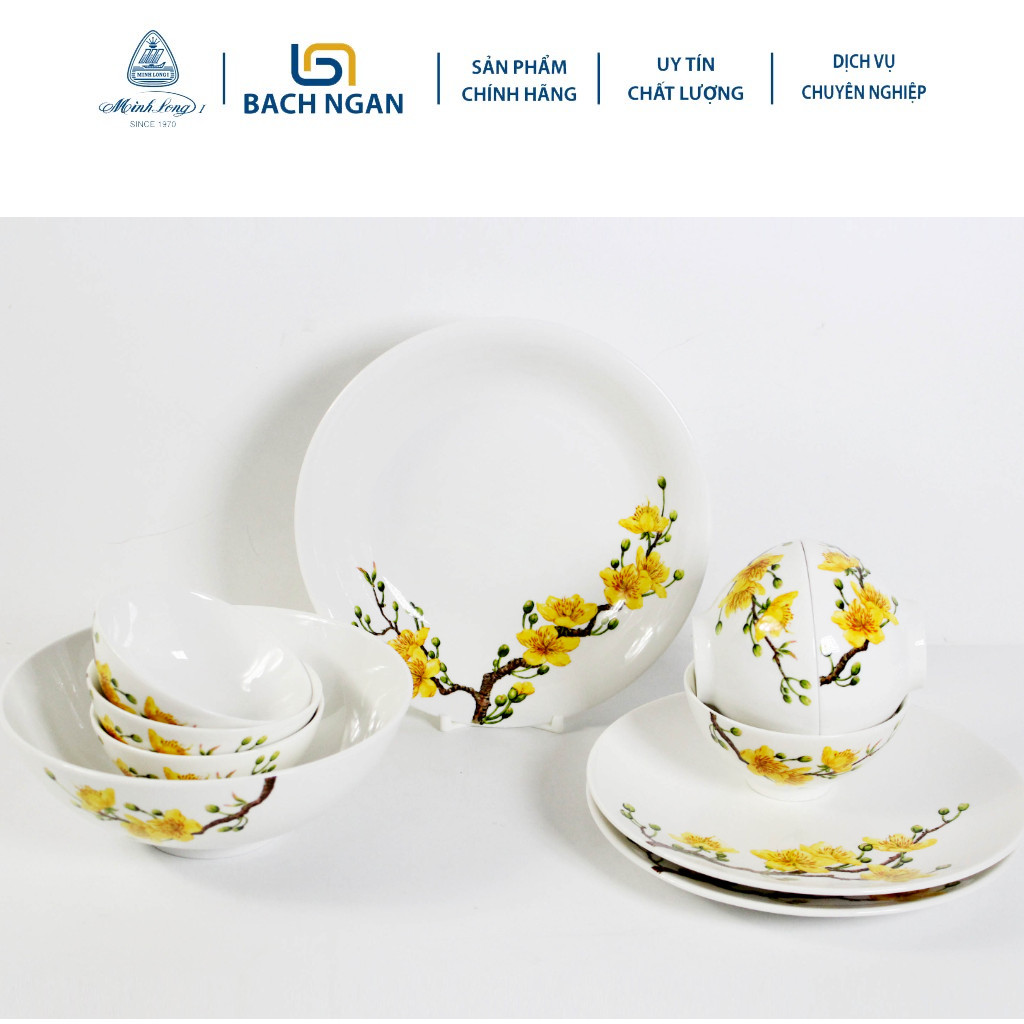 Bộ chén dĩa cao cấp sứ minh long 10 sản phẩm - daisy ifp - hoàng mai dùng đãi khách, tặng quà tết