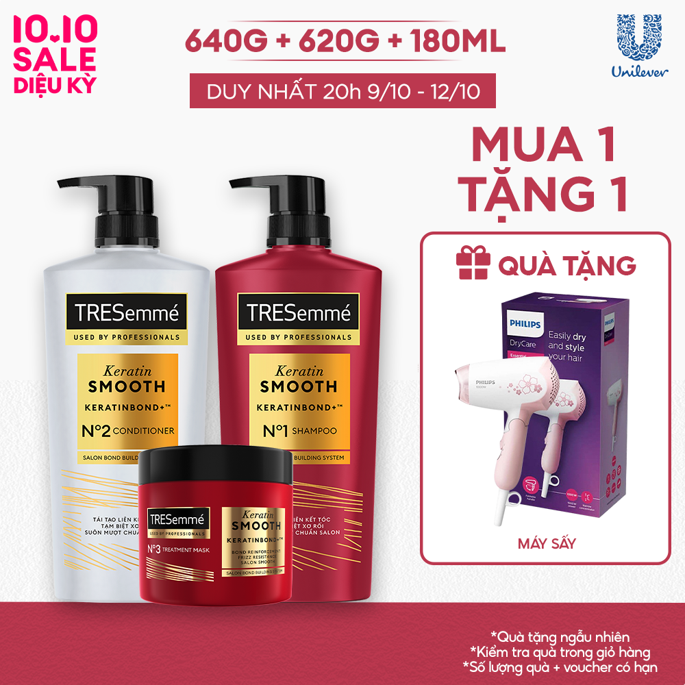 Combo Dầu Gội, Dầu Xả, Kem Ủ TRESemmé Keratin Smooth/ Bond Repair 640g, 620g, 180ml Cho Tóc Hư Tổn Giúp Vào Nếp Suôn Mượt/ Ngăn Gãy Rụng
