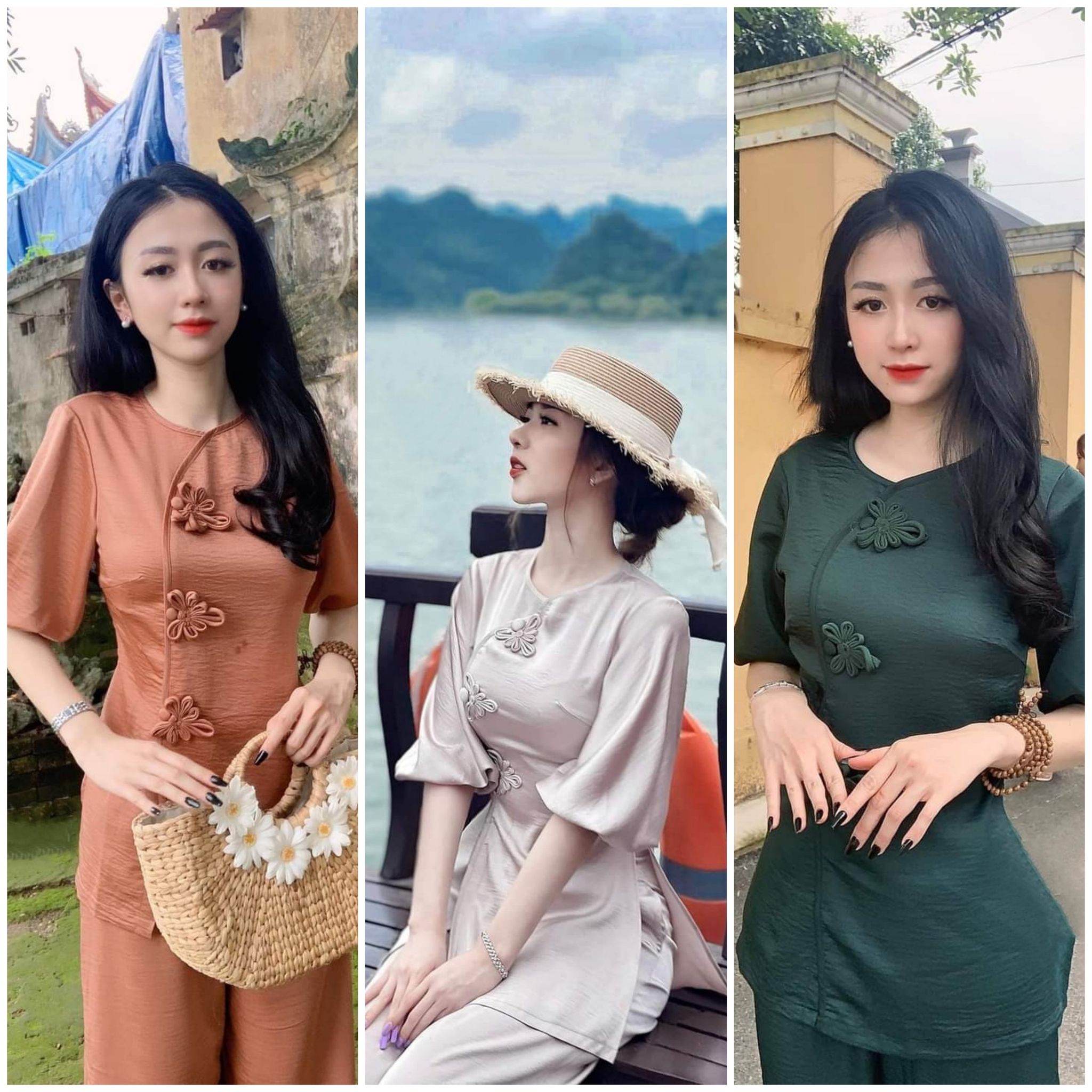 Đồ lam đi chùa chất lụa cát nhung phối nút hoa