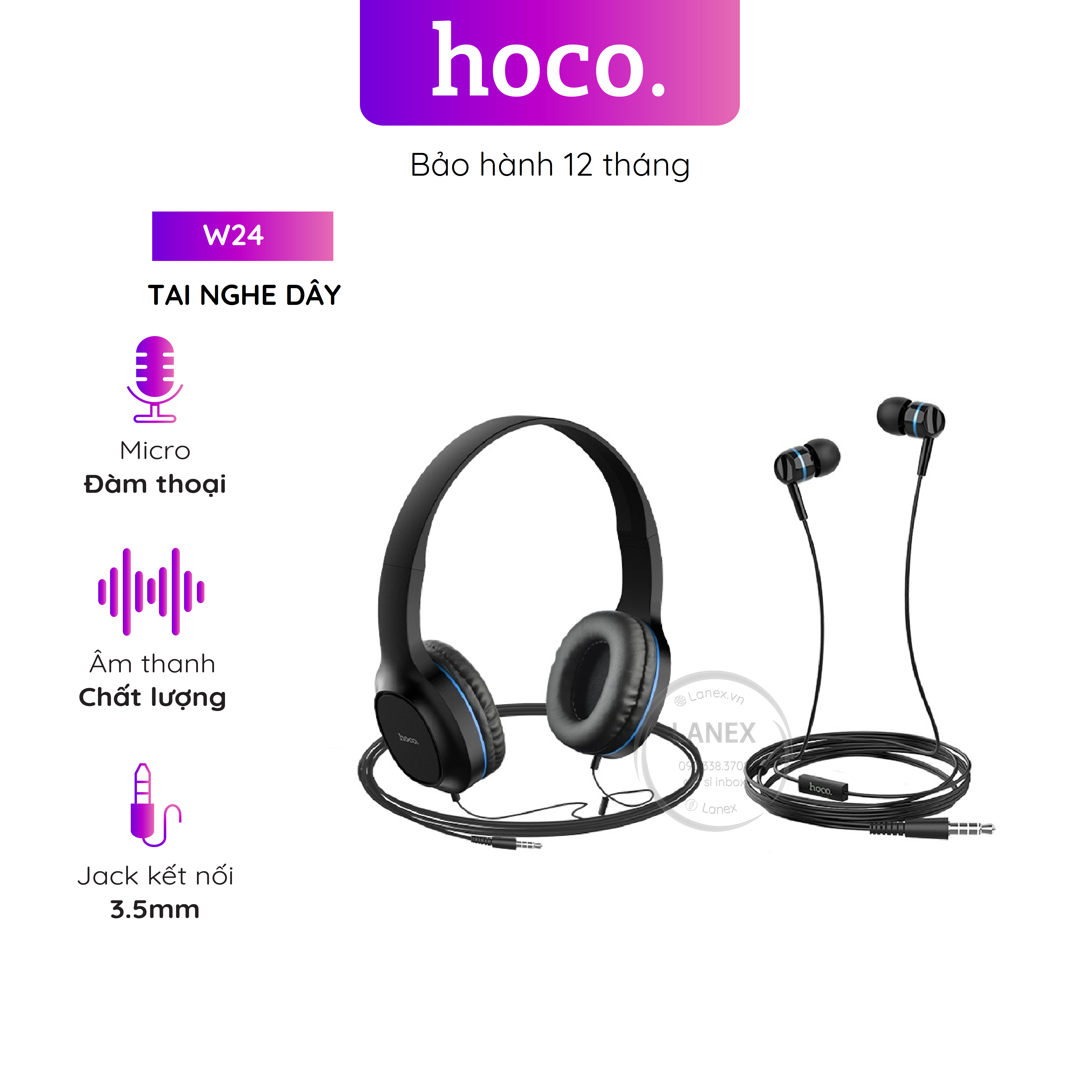 Tai Nghe Dây Hoco W24 Headphone Jack 3.5m Có Mic Dài 1.2m Kèm Theo Tai Nghe