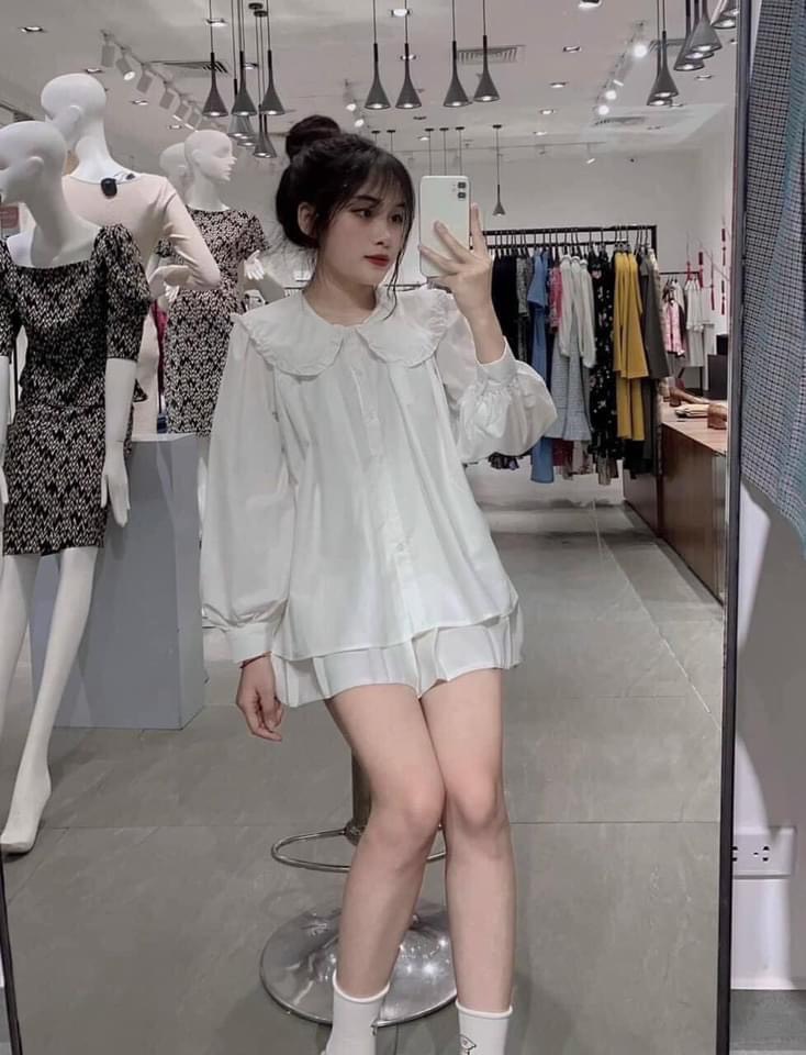 Set Áo Sơ Mi Bánh Bèo Tay Bồng Kèm Chân Váy Tennis Trắng Nữ