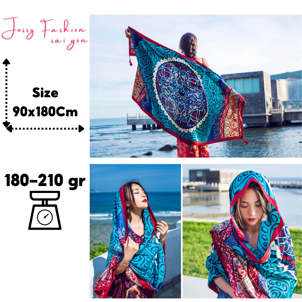 Khăn choàng đi biển jussy fashion khăn hobo thổ cẩm đa năng