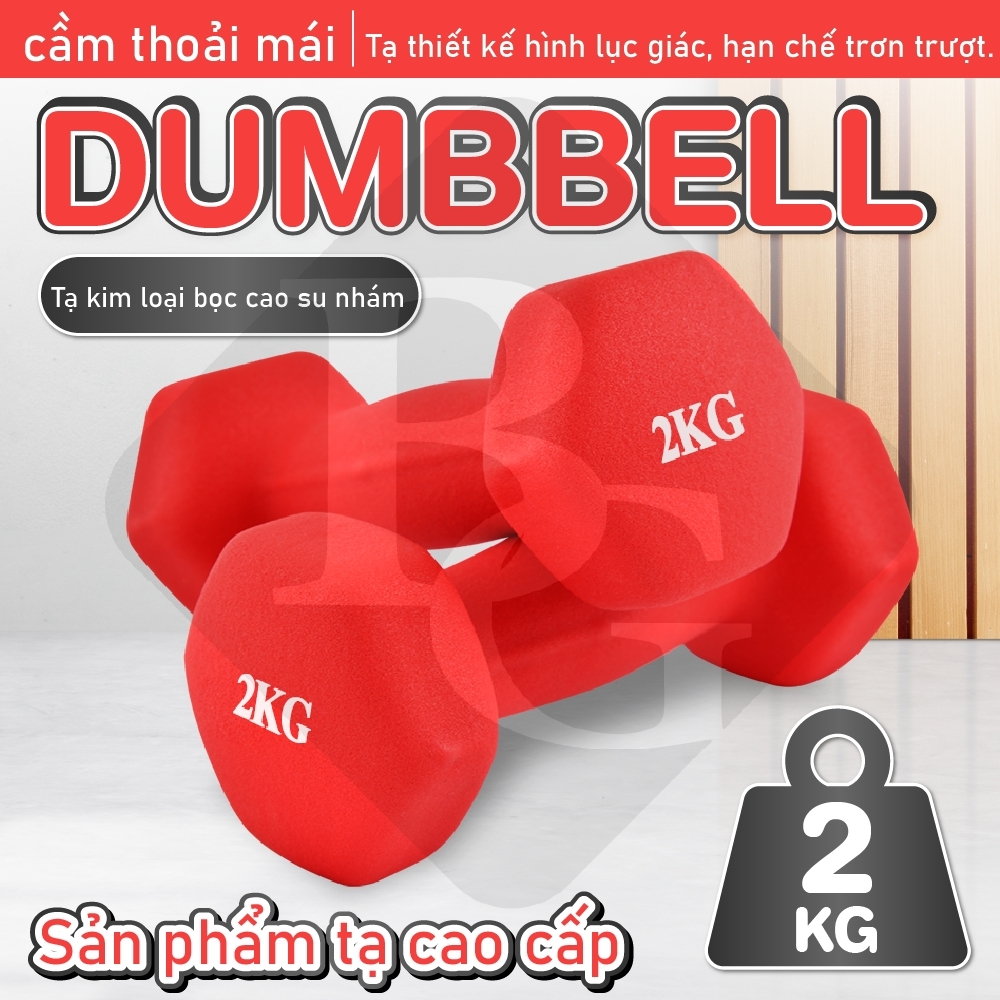 (ĐỦ MÀU ) BG -Một cặp tạ tay 2KG cao cấp thép đặc bọc cao su nhám thái lan tập Gym (Tổng 4 kg)