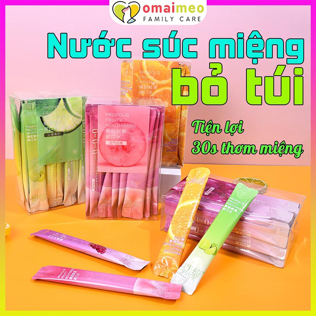 Nước Súc Miệng Bỏ Túi Dạng Gói hương trái cây hộp 20 gói, nước súc miệng hương trái cây thơm mát dễ chịu