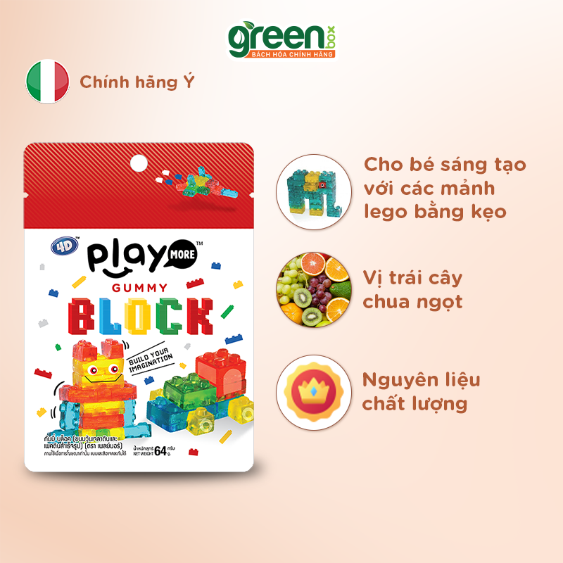 Combo 6 loại kẹo dẻo Playmore, Gói kẹo dẻo xếp hình mảnh Lego vị chua ngọt Playmore Thái Lan 64g/gói,