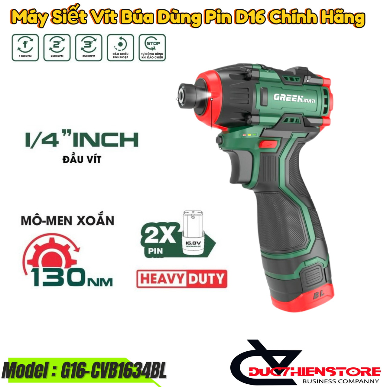 Máy bắt vít pin greekman g16-cvb1634bl | máy siết vít búa 130nm dùng pin 16v chính hãng greekman by hukan