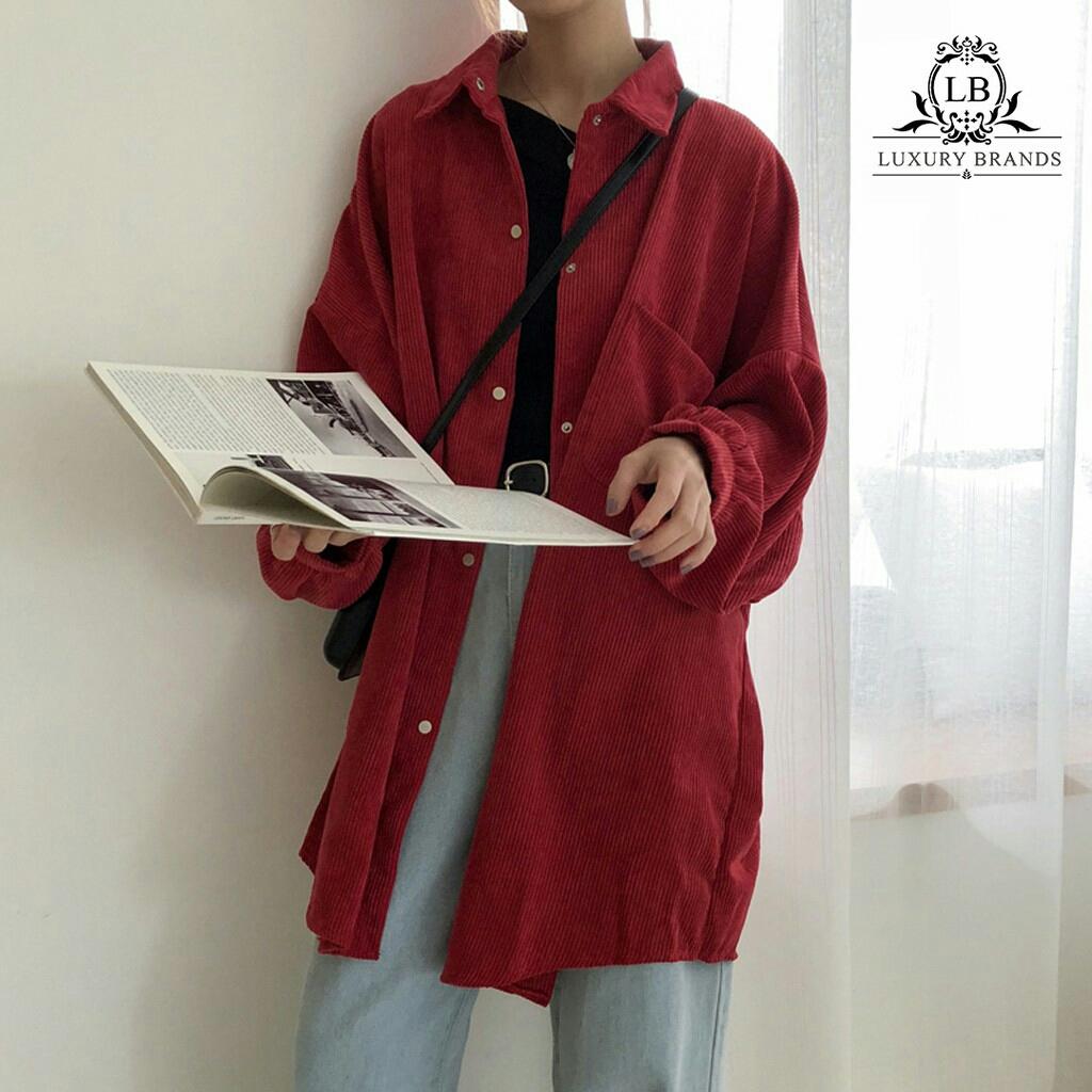 Áo sơ mi nữ vải chất nhung tăm dài tay vintage retro kiểu dáng dài form rộng oversize thu đông ulzzang Hàn Quốc 2019